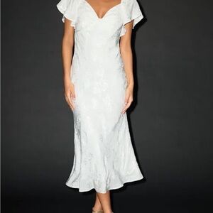 Lulus Effervescent Afternoon White Satin Flutter Sleeve Midi Dress